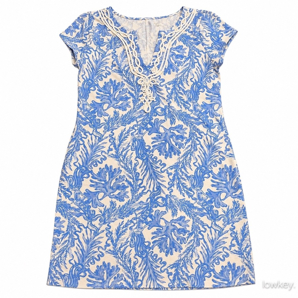 Lilly Pulitzer Blue White Mermaid Coral Soutache Dress Large Cap Sleeve Jersey